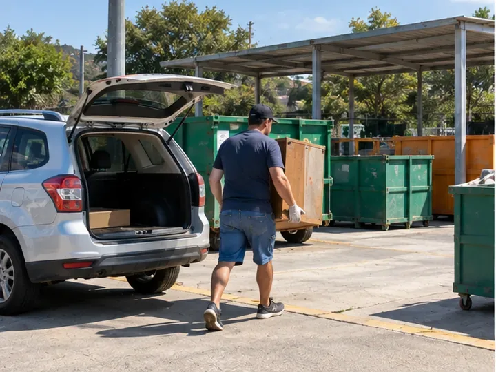 Morador levando uma peça de móvel a uma área de entrega com caçambas e contêineres