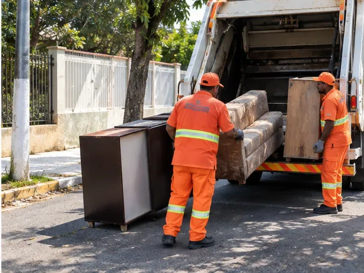 Trabalhadores de coleta carregando sofá e móvel grande na traseira de um caminhão