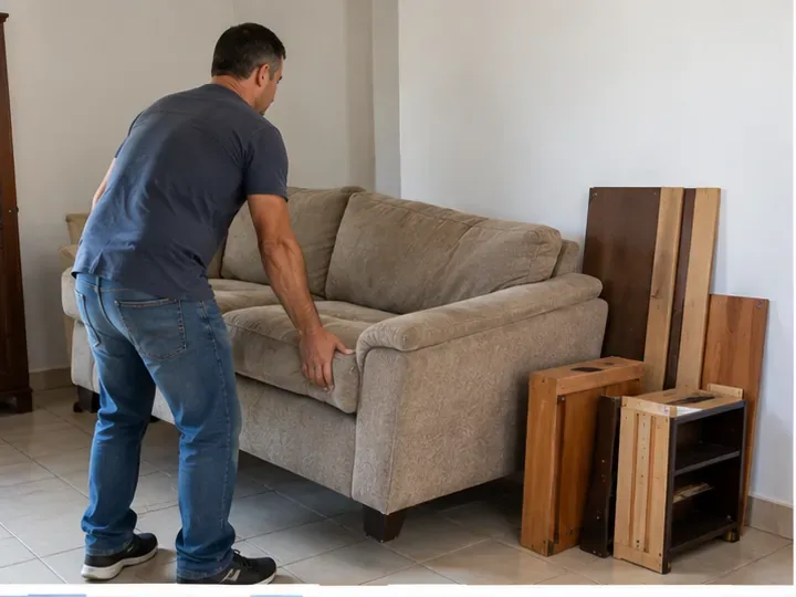 Homem preparando um sofá usado e peças de madeira para descarte, dentro de uma residência