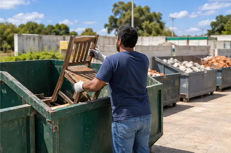 Um homem leva uma cadeira de madeira até um contêiner de itens volumosos, com recipientes separados para restos de construção ao lado.
