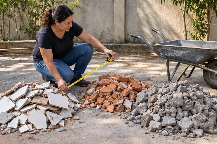 Uma moradora usa uma trena para estimar o tamanho de uma pilha de cerâmica, tijolos e concreto ao lado de um carrinho de mão.