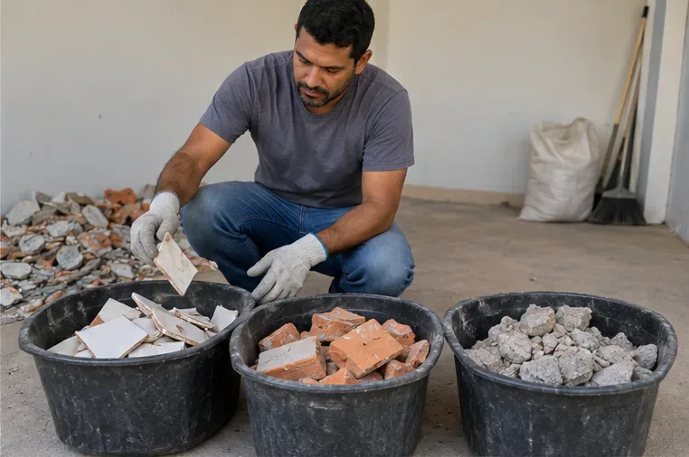 Um trabalhador com luvas separa pedaços de cerâmica, tijolos e concreto em recipientes distintos durante uma pequena reforma.