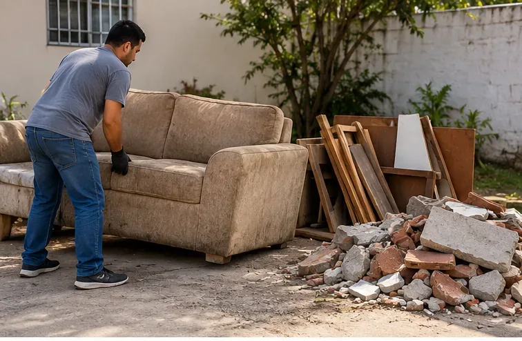 Morador separando um sofá antigo, peças de madeira e pequenos restos de obra antes do descarte