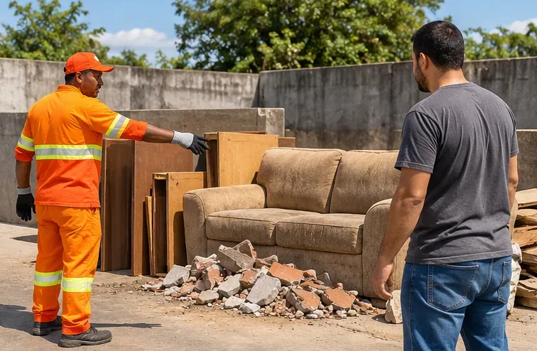 Trabalhador de limpeza urbana orientando um morador sobre onde colocar móveis, madeira e entulho