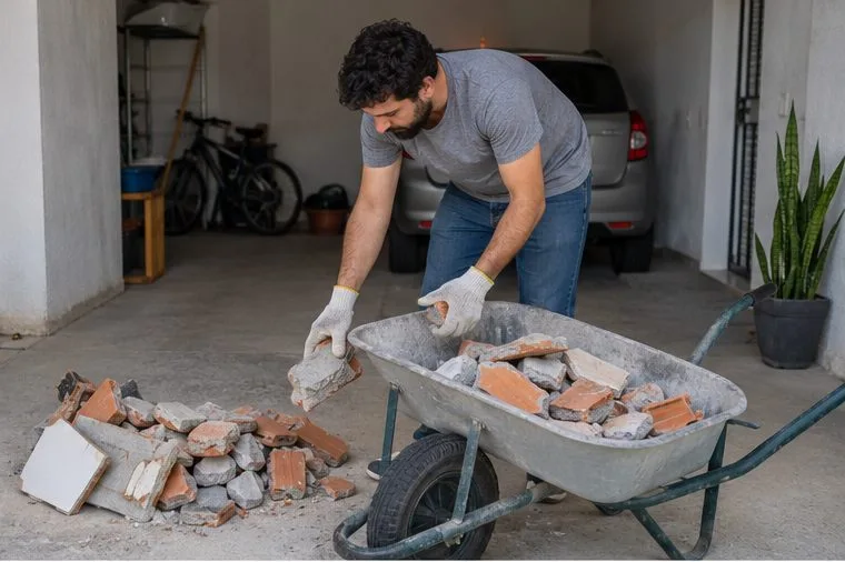 Um morador coloca fragmentos de revestimento e argamassa em um carrinho de mão para avaliar o volume do entulho.
