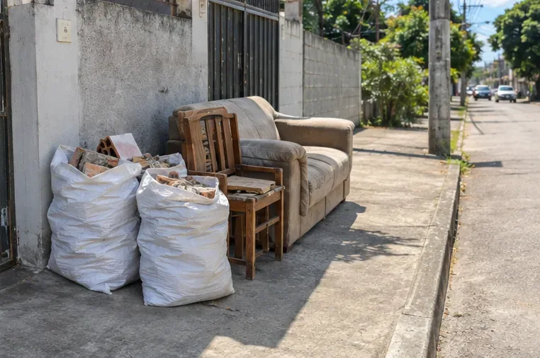 Sacos de entulho e móveis antigos organizados junto ao imóvel sem bloquear a faixa principal de circulação da calçada