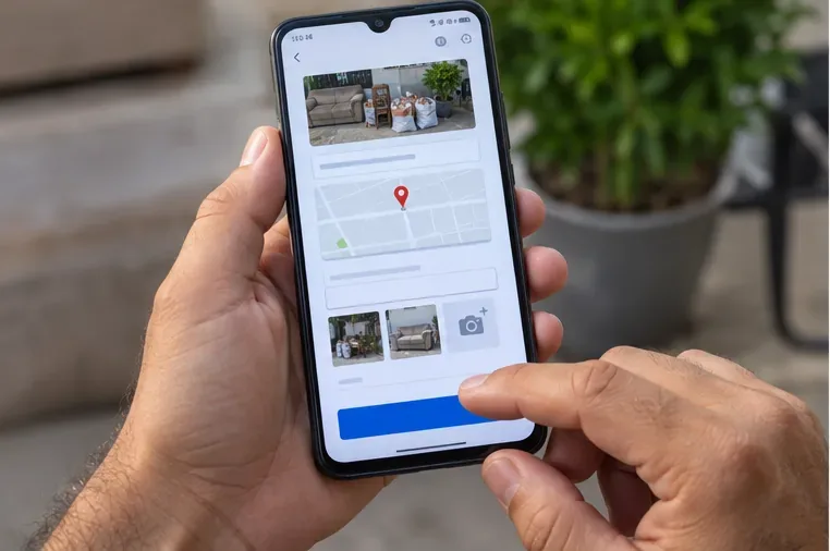Pessoa registrando no celular uma solicitação com foto dos móveis, mapa de localização e campos de descrição do material