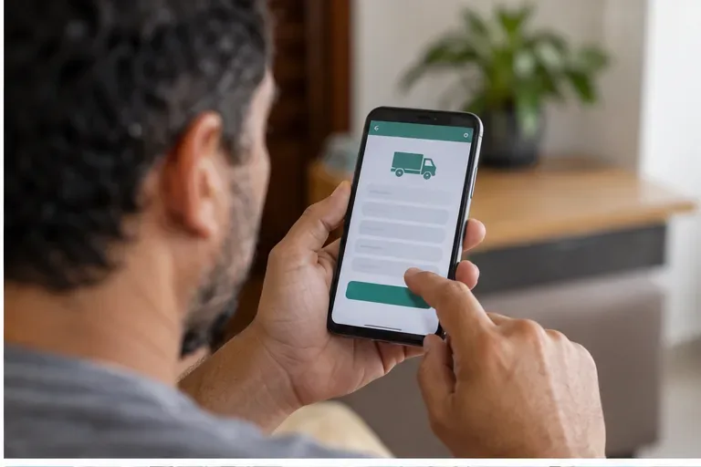 Pessoa usando um celular para registrar uma solicitação de coleta de material volumoso
