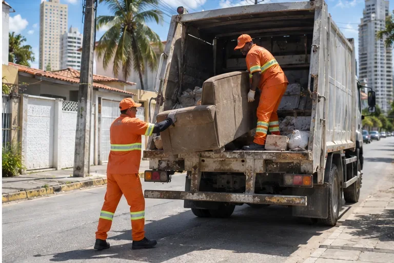 Trabalhadores de limpeza urbana carregando uma poltrona para um caminhão de coleta de resíduos volumosos
