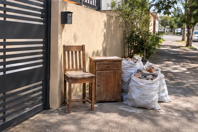 Cadeira, armário e sacos de entulho ficam organizados junto ao portão de uma residência, sem bloquear a passagem.