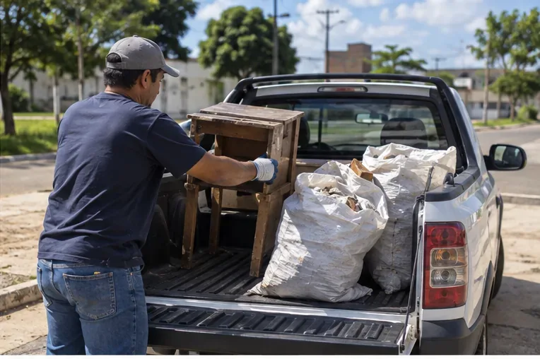 Homem carrega móvel e sacos de resíduos em uma caminhonete para transporte voluntário.