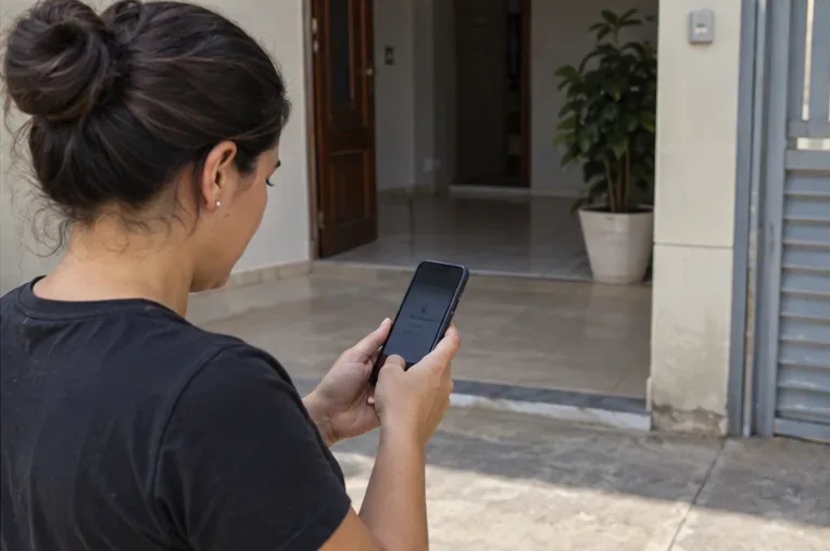 Moradora verifica o celular após a retirada dos materiais da frente da residência.
