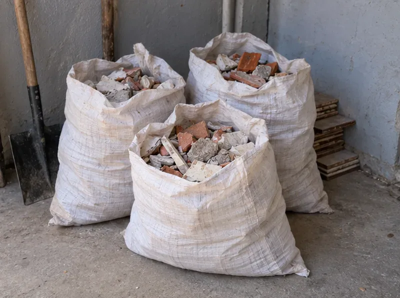 Sacos resistentes contêm restos limpos de alvenaria e revestimentos separados para transporte