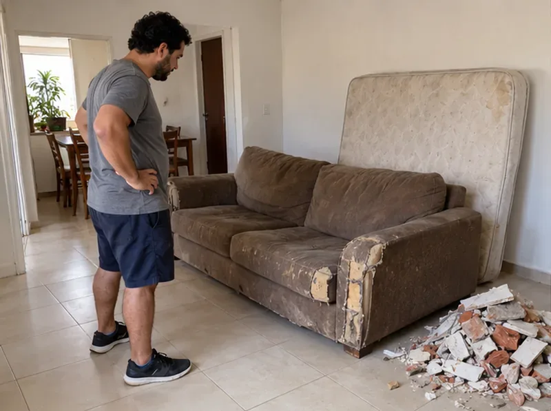 Morador observa um sofá usado e restos de reforma separados dentro de uma residência