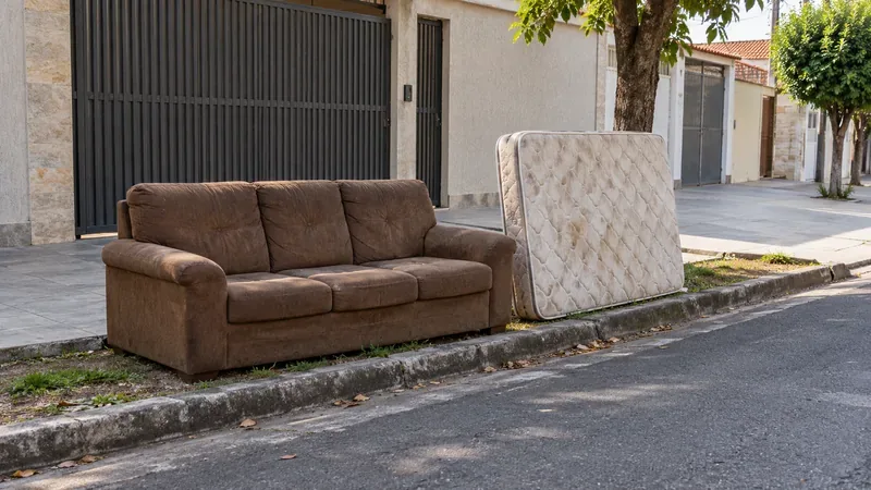 Sofá e colchão posicionados junto à guia de uma rua residencial, com a passagem da calçada livre