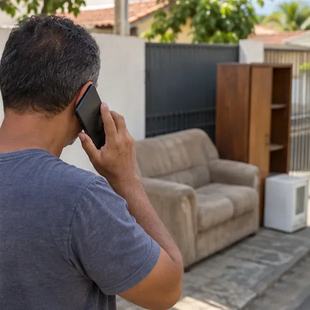 Morador falando ao telefone diante de móveis separados na entrada de uma casa