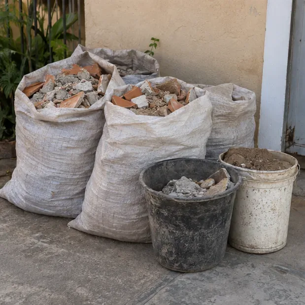 Sacos e baldes contendo pequenos fragmentos de tijolos, pisos e terra dentro de uma residência