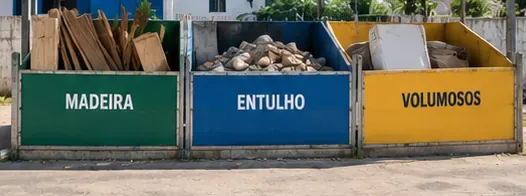 Três compartimentos identificados como madeira, entulho e volumosos contêm tábuas, fragmentos de construção e peças de mobiliário.