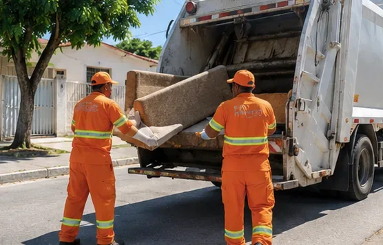 Dois trabalhadores de uniforme laranja e luvas movimentam um sofá junto à traseira de um caminhão de coleta.