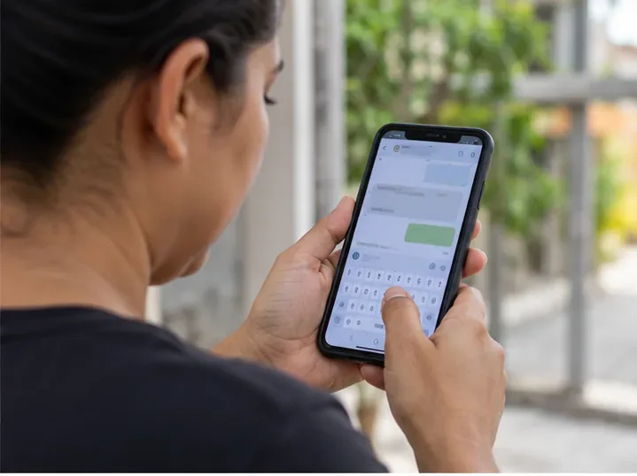 Pessoa usando um celular para enviar mensagem de agendamento de coleta de grandes objetos