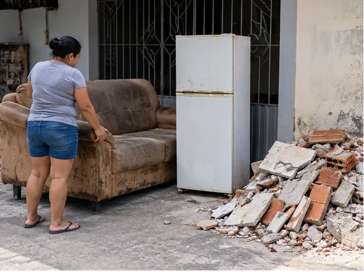 Moradora ao lado de um sofá usado, uma geladeira antiga e uma pilha de restos de tijolos e concreto, mostrando a diferença entre grandes objetos e entulho