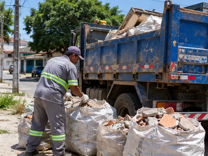 Trabalhador ao lado de sacos grandes cheios de restos de tijolos e concreto sendo carregados para um caminhão de coleta de entulho