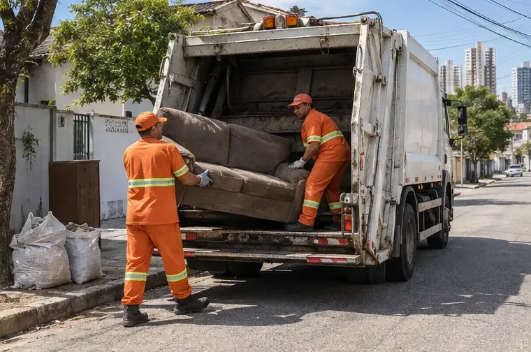 Dois trabalhadores de limpeza carregam um sofá para um caminhão de coleta em uma rua urbana
