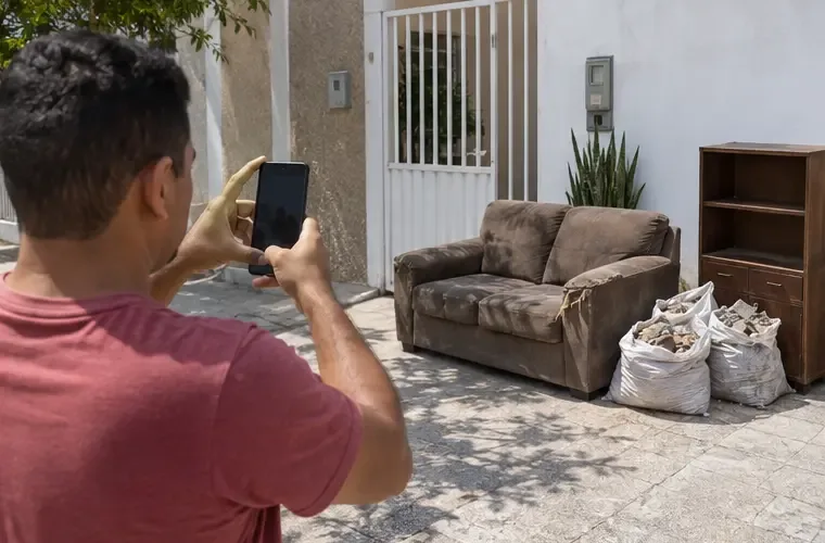Morador fotografa um sofá, um armário e sacos de entulho organizados na entrada de uma casa