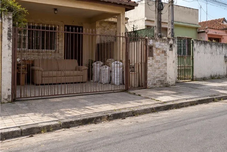 Sofá usado e sacos de entulho aguardam a coleta dentro do recuo privado, atrás do portão, com a calçada livre
