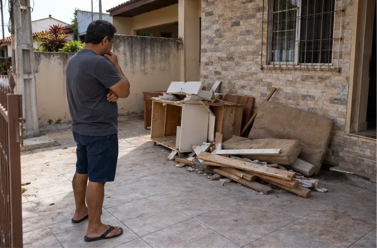 Morador avalia móveis antigos, madeira e restos de obra dentro do quintal antes de solicitar a coleta