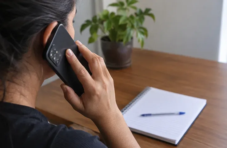 Pessoa usando o telefone e um caderno para registrar dados e protocolo ao solicitar a coleta municipal.