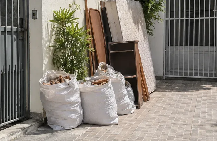Sacos resistentes com entulho e móveis desmontados organizados junto ao acesso de uma residência, sem bloquear a passagem.