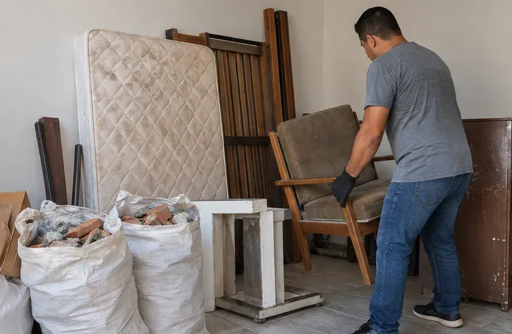 Morador separando móveis usados e sacos resistentes com pequenos resíduos de obra antes de solicitar a coleta em Osasco.
