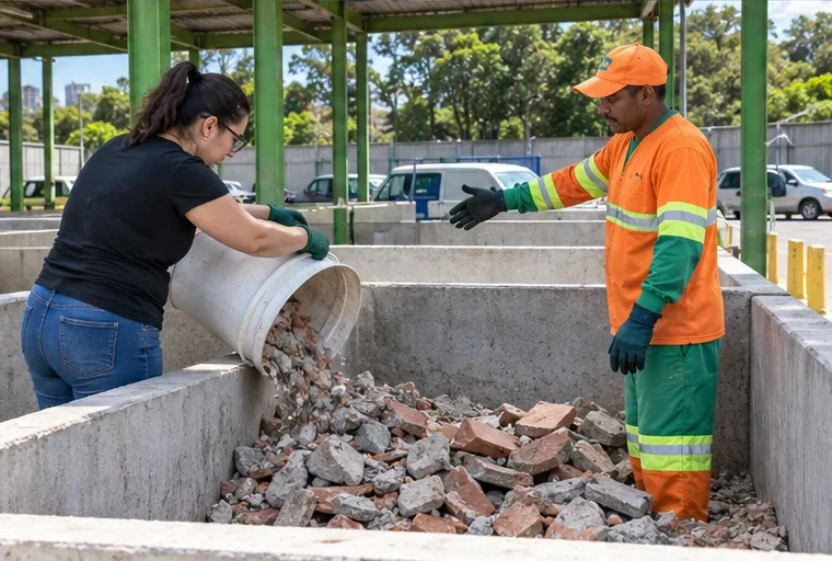 Moradora despeja pequenos restos de obra em uma baia de recebimento enquanto um trabalhador orienta
