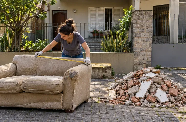 Moradora mede um sofá usado ao lado de uma pilha separada de restos de obra