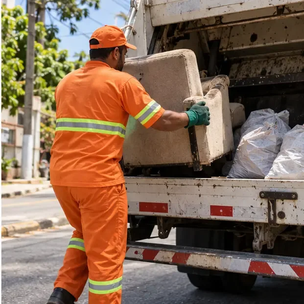 Trabalhador com uniforme de segurança coloca uma poltrona antiga e sacos fechados na carroceria de um caminhão de coleta