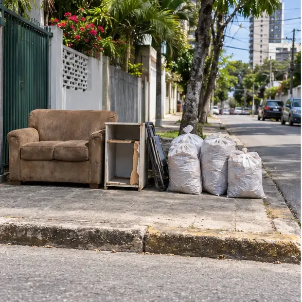 Sofá antigo, estrutura de armário e sacos fechados colocados juntos na borda de uma calçada livre, sem bloquear a passagem
