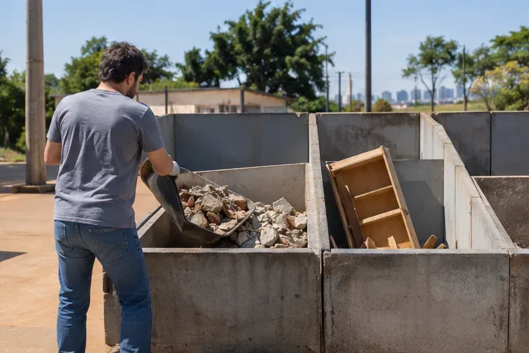 Pessoa descarrega pequena quantidade de entulho limpo em uma área separada de um ecoponto municipal