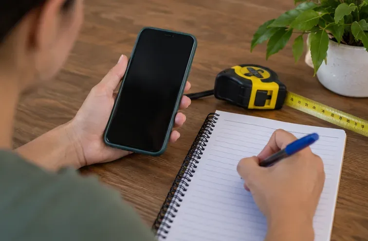 Pessoa anota endereço, quantidade e características do descarte ao lado de um telefone e uma trena
