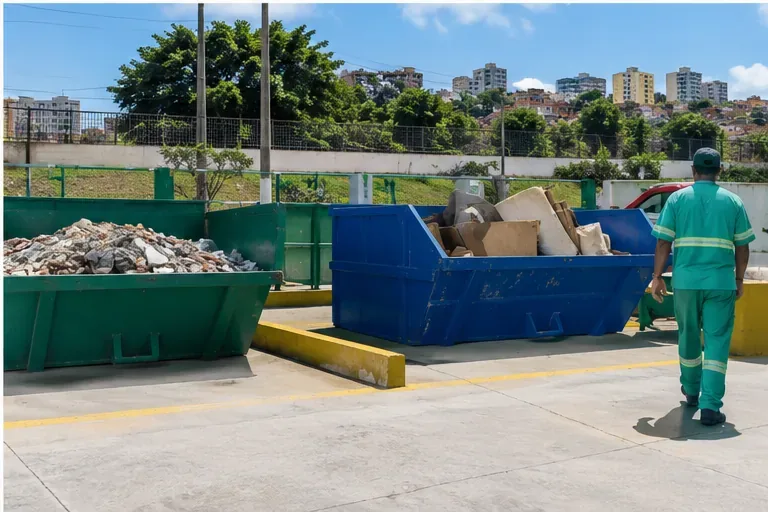 Área organizada de recebimento de resíduos com caçambas separadas para entulho e objetos volumosos e trabalhador uniformizado ao lado
