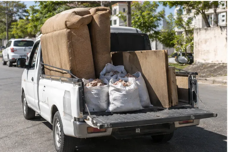Caminhonete transportando um sofá usado, partes de madeira e sacos de pequenos resíduos de construção devidamente acomodados