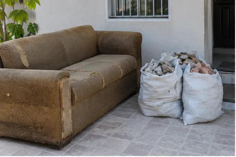 Sofá usado ao lado de sacos resistentes com pequenos pedaços de tijolo e concreto, separados antes do descarte