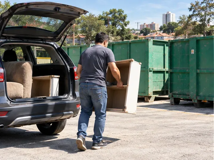 Morador retira uma pequena estante de um carro próximo a contêineres de uma estação de coleta