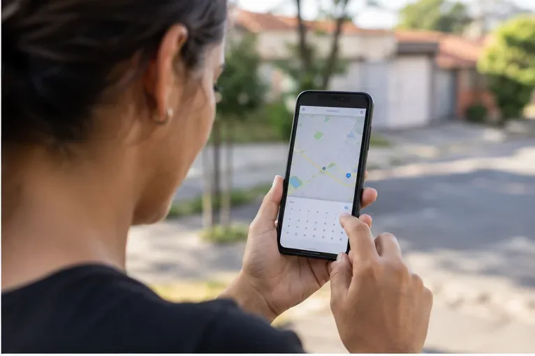 Pessoa consultando no celular um mapa e um calendário para verificar a data do Bota-Fora ou localizar um Ecoponto em São Bernardo do Campo.