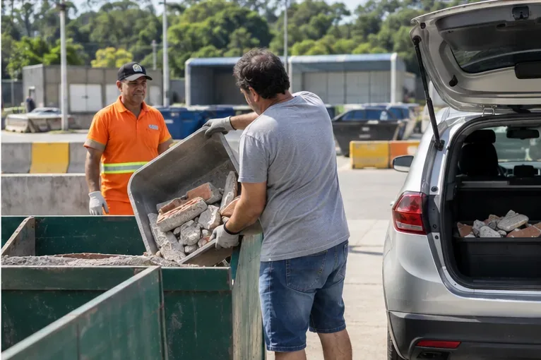 Morador levando pequenos resíduos de construção a um Ecoponto e despejando o material em caçamba indicada, com acompanhamento de funcionário.