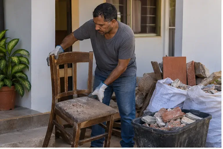 Morador separa uma cadeira usada e sacos com pequenos resíduos de obra antes do descarte