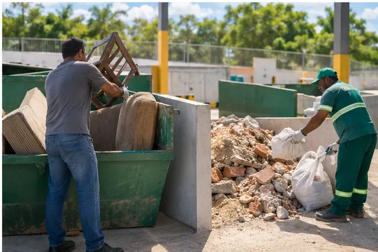 Morador coloca uma cadeira e partes de móvel em contêiner enquanto trabalhador direciona sacos de entulho para área separada