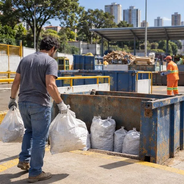 Morador entrega sacos de resíduos de pequena reforma em uma área de recebimento de Ecoponto