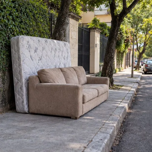 Sofá e colchão separados junto ao limite da calçada em uma rua residencial