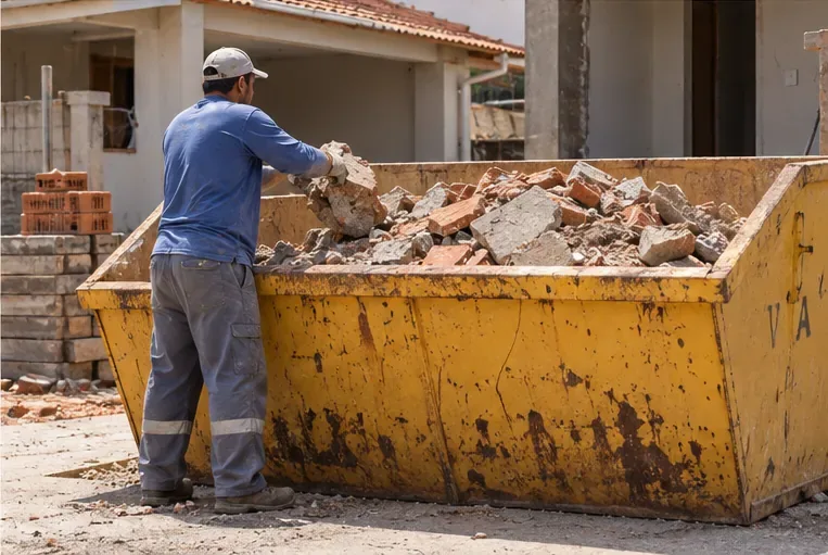 Um trabalhador deposita pedaços de alvenaria em uma caçamba grande em um local de reforma residencial.